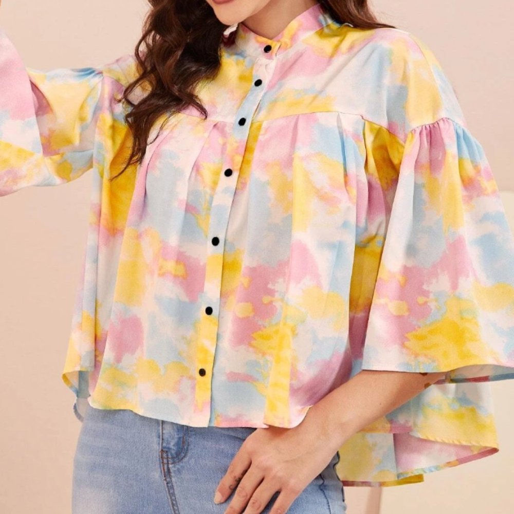 Trumpet Sleeve High Low Hem Blouse